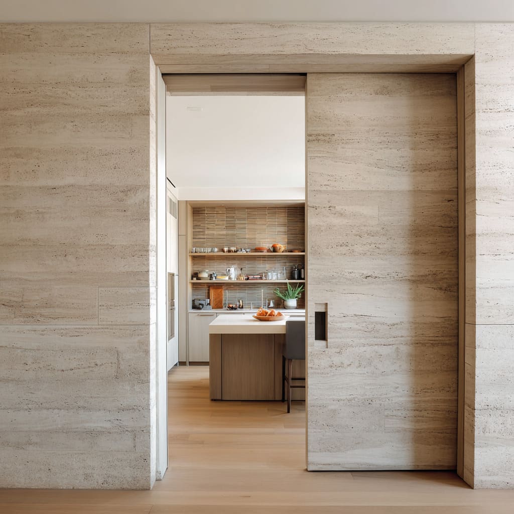 Travertine look pocket door design acting as a seamless stone slice between a hall and a soft kitchen Travertine look pocket door design acting as a seamless stone slice between a hall and a soft kitchen
