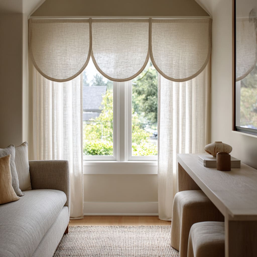 Triple sheer scalloped valance with gentle curves, set over straight sheers, slim sofa, light wood console, rounded stools