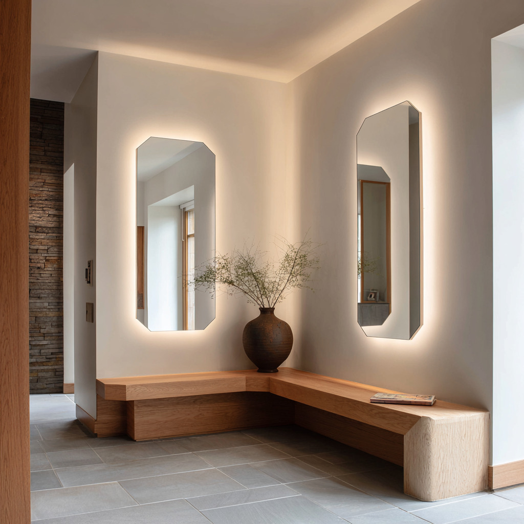 Twin backlit corner mirrors above curved oak bench, single tall vase, soft floor tiles