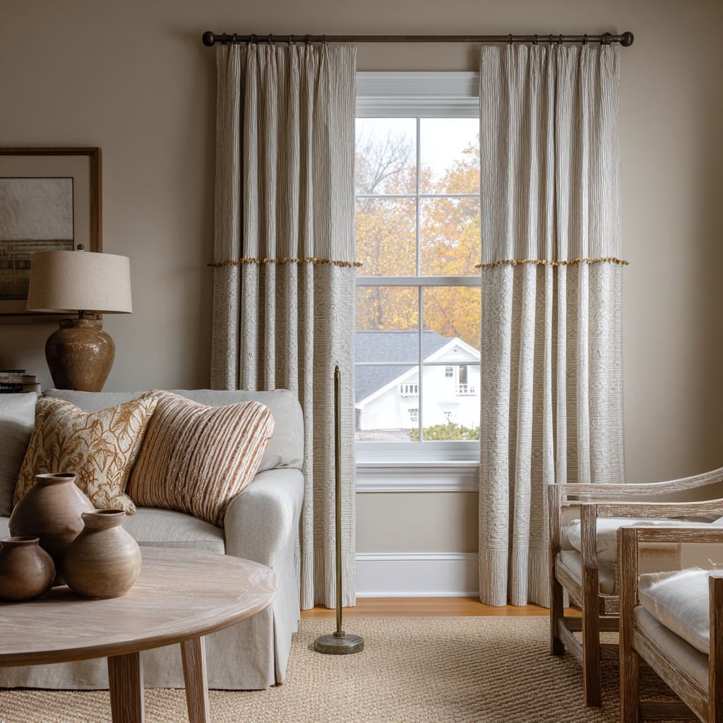 Two-fabric farmhouse drapery with stripes and subtle patterning, trimmed with warm fringe, styled with natural textures