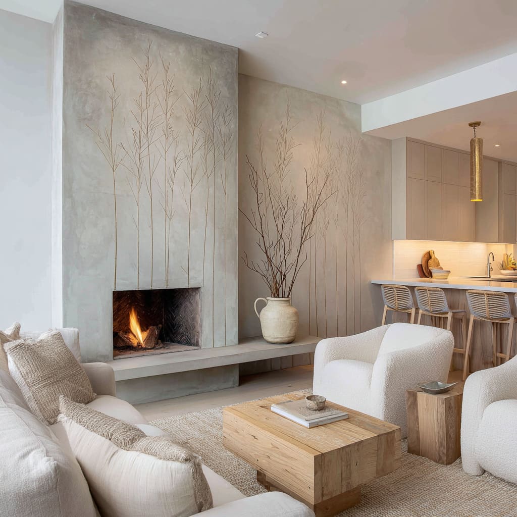 Two-panel branch mural across connected wall planes and corner firebox Two-panel branch mural across connected wall planes and corner firebox