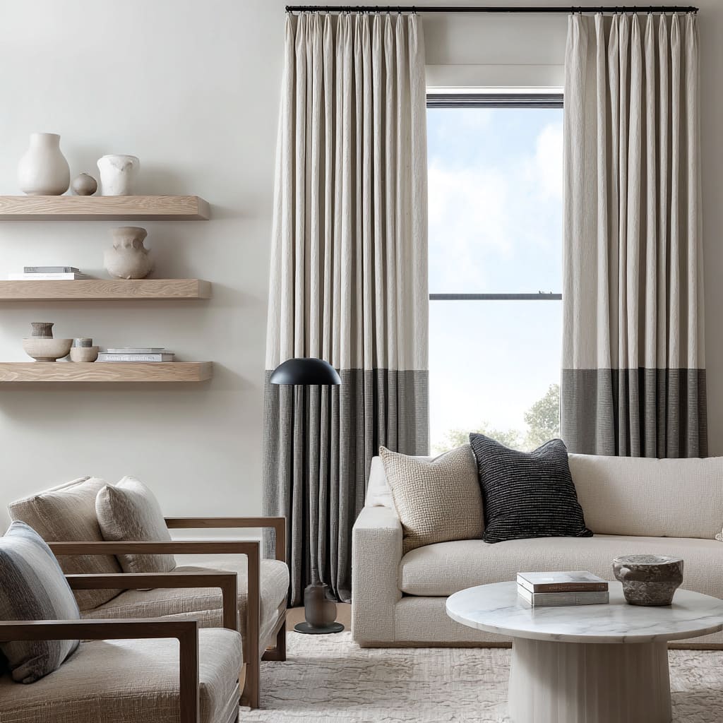 Two-tone drapery with off-white upper panel and charcoal lower band grounding design Two-tone drapery with off-white upper panel and charcoal lower band grounding design