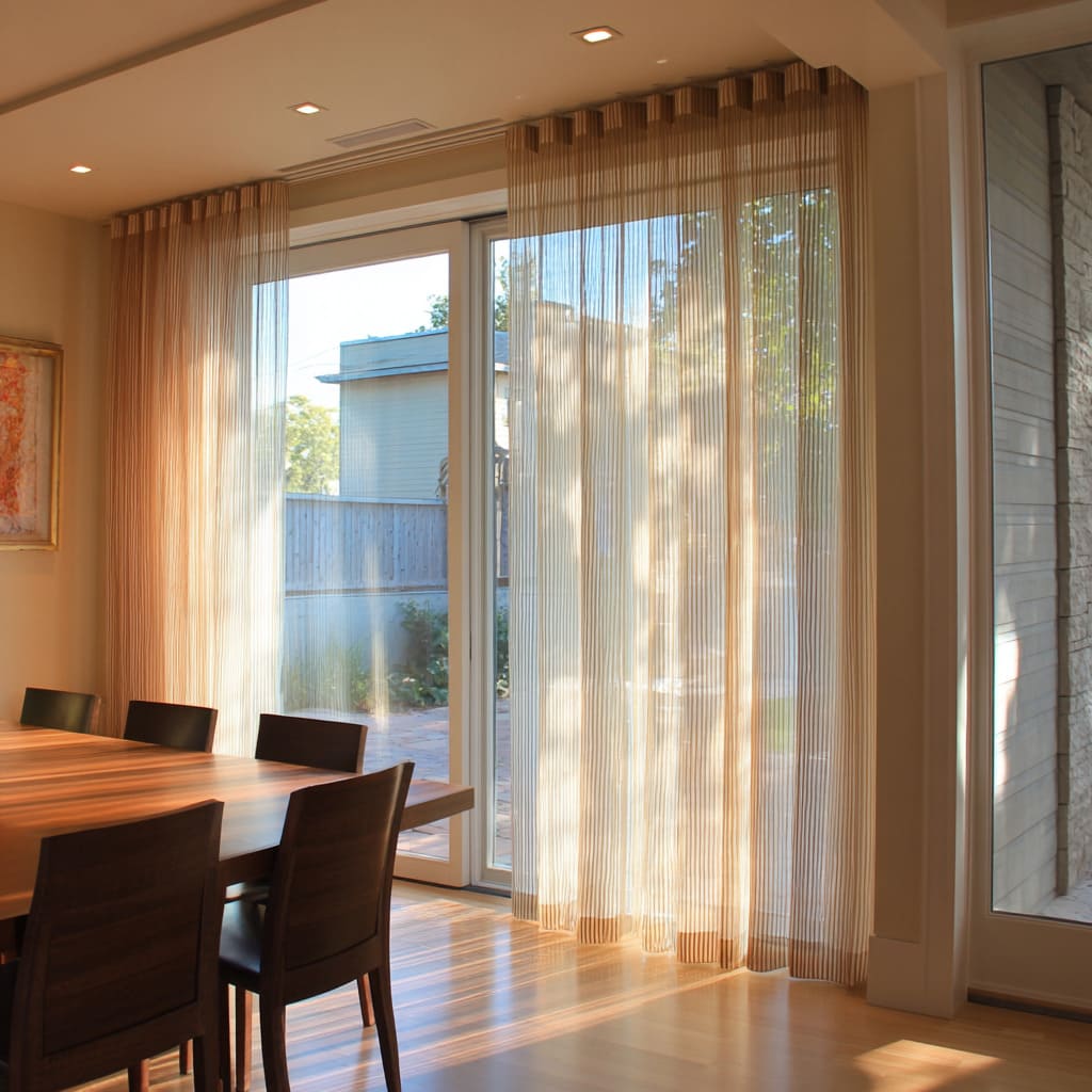 Vertical string curtain casting sun stripes by a white-frame slider Vertical string curtain casting sun stripes by a white-frame slider