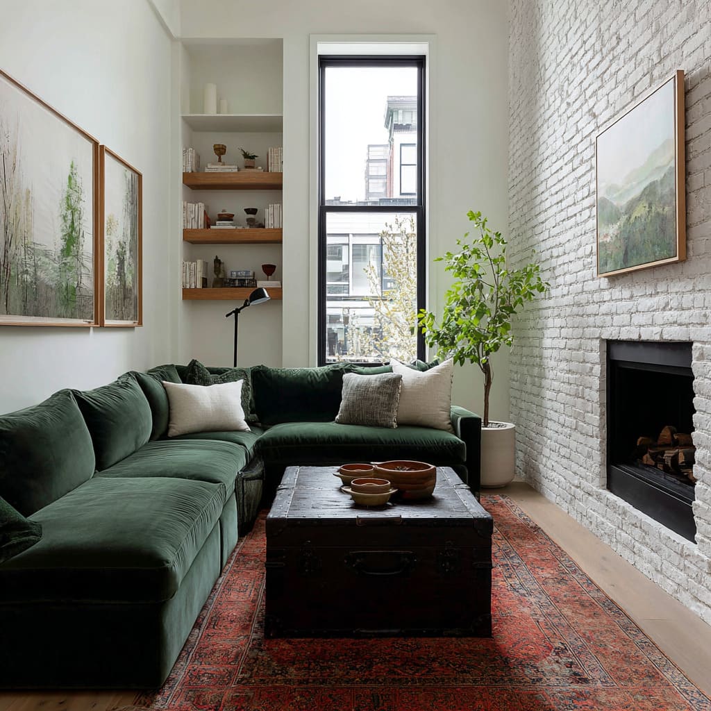 Very deep forest-green sectional with white brick fireplace and a muted red rug Very deep forest-green sectional with white brick fireplace and a muted red rug