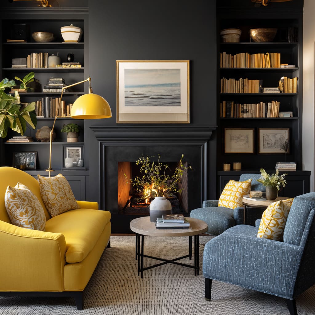 Wall library backdrop and yellow seating that feels cinematic, cozy, and intentionally as a stylish living room design idea Wall library backdrop and yellow seating that feels cinematic, cozy, and intentionally as a stylish living room design idea