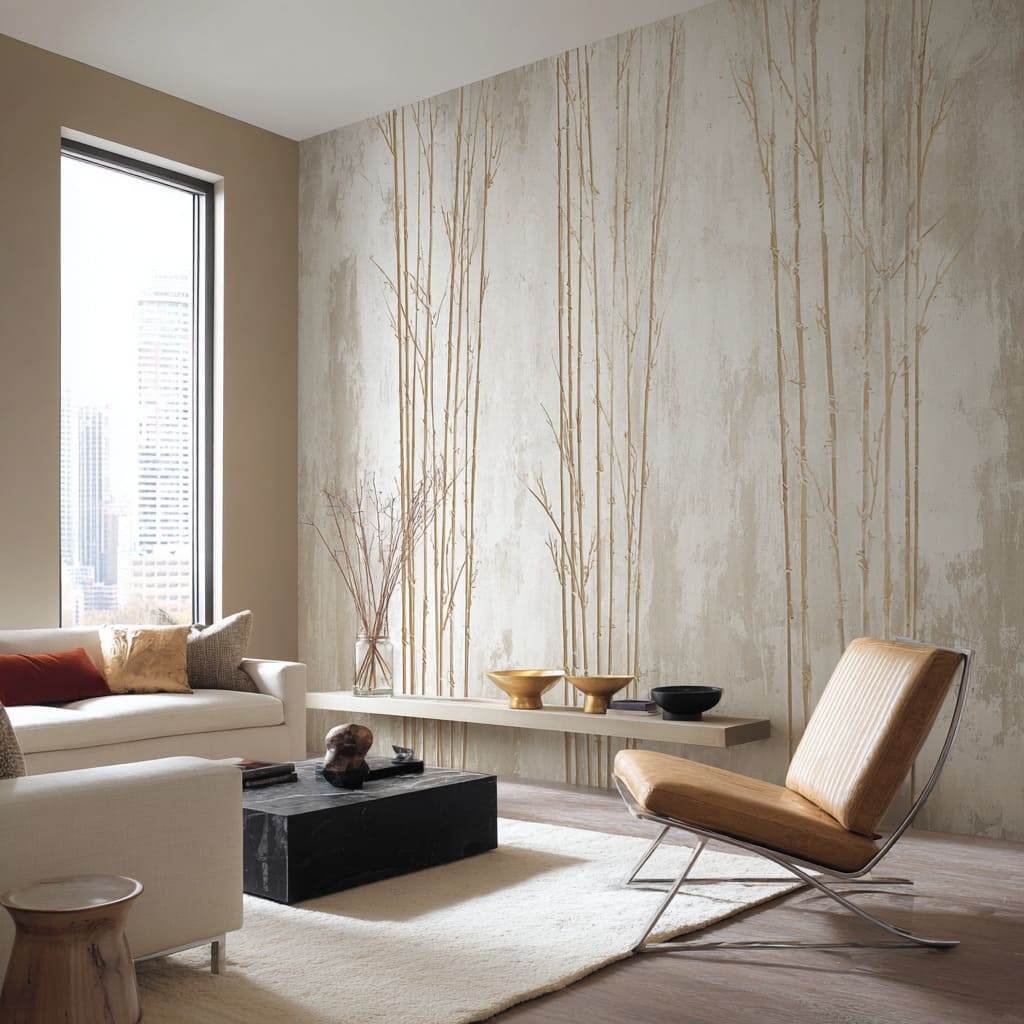 Warm gold bamboo mural as a wide field beside a tall concrete chimney mass for modern rustic calm with a soft sunlit glow Warm gold bamboo mural as a wide field beside a tall concrete chimney mass for modern rustic calm with a soft sunlit glow