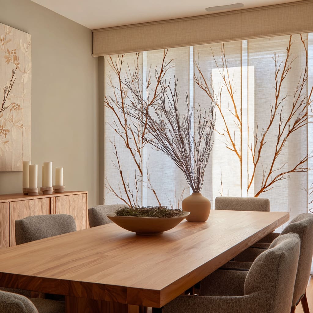 Warm linen curtains ideas with tall terracotta branch silhouettes hung in panel