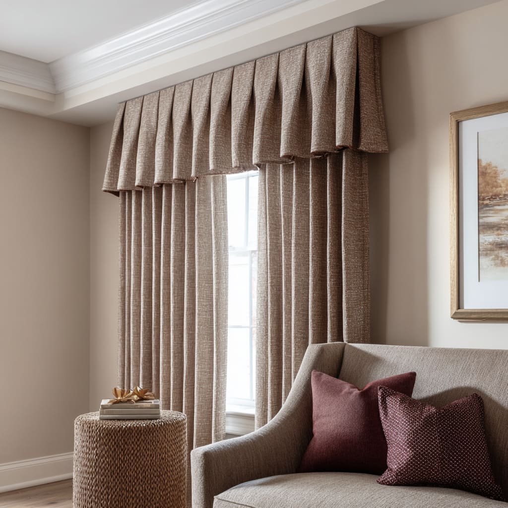 Warm metallic striped valance with rich gold drapery surrounding a curved sofa Warm metallic striped valance with rich gold drapery surrounding a curved sofa