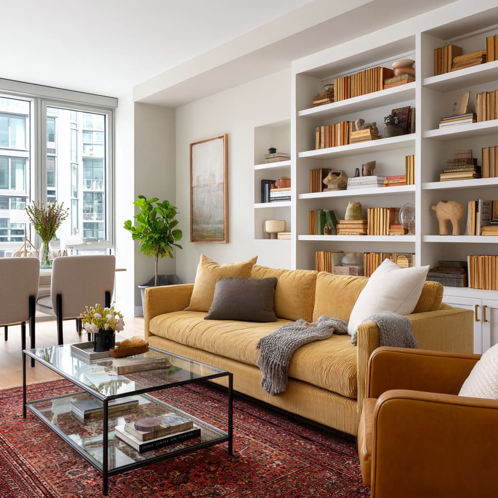 Warm mustard sofa in a bright apartment setting design with white built-ins and a red vintage rug Warm mustard sofa in a bright apartment setting design with white built-ins and a red vintage rug