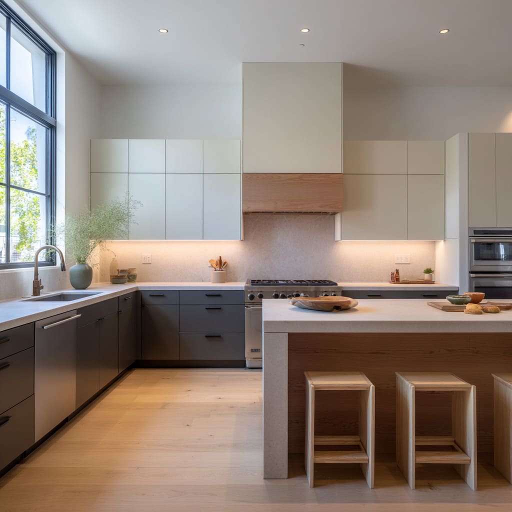 Warm off-white top cabients and deep charcoal base two-tone with pale counters, with a wood island