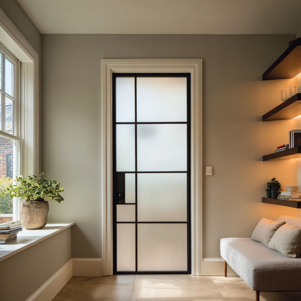 Warm study design concept with modern glass partition Warm study design concept with modern glass partition