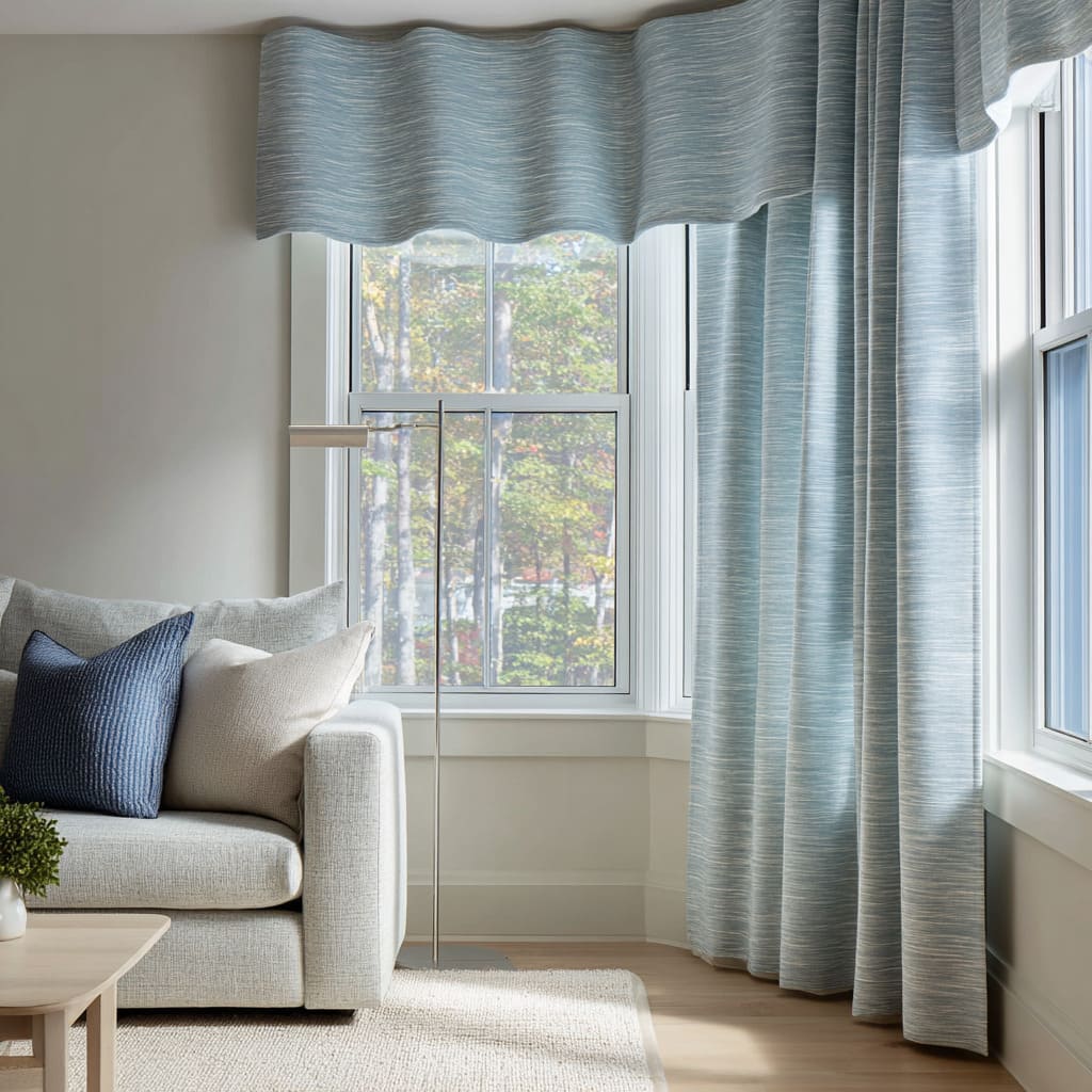 Wavy cornice in blue strie as moving horizon over full drapery Wavy cornice in blue strie as moving horizon over full drapery