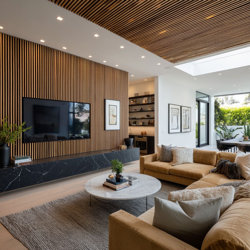Wood-slat TV wall and wood-slat ceiling with warm camel sofa composition Wood-slat TV wall and wood-slat ceiling with warm camel sofa composition