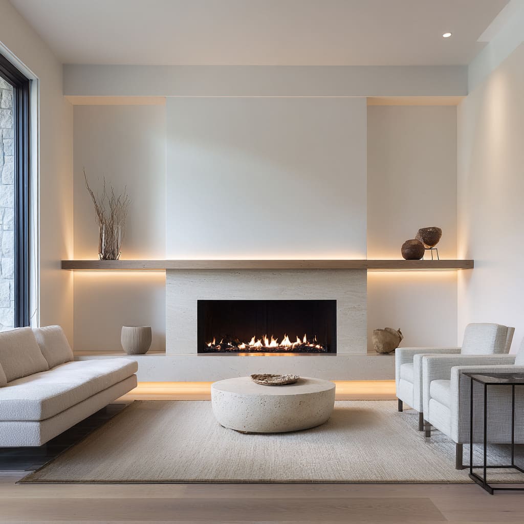 Wraparound floating mantel ledge idea with continuous underlighting