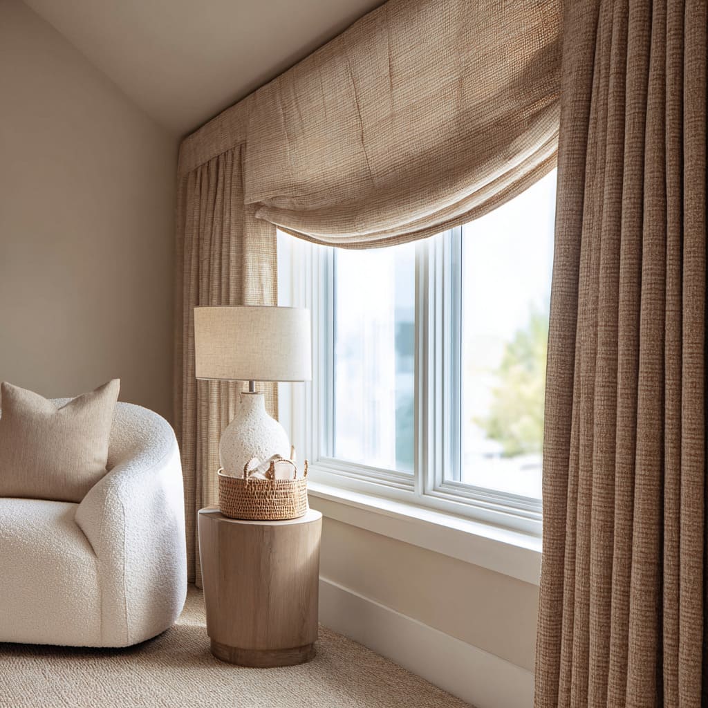 Wrapped neutral Roman valance forming a soft, warm nook with layered textiles Wrapped neutral Roman valance forming a soft, warm nook with layered textiles