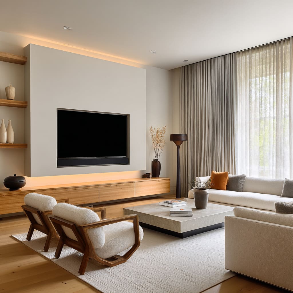 a boxed panel with a glowing light line above a long wooden console, open shelves holding neutral ceramics