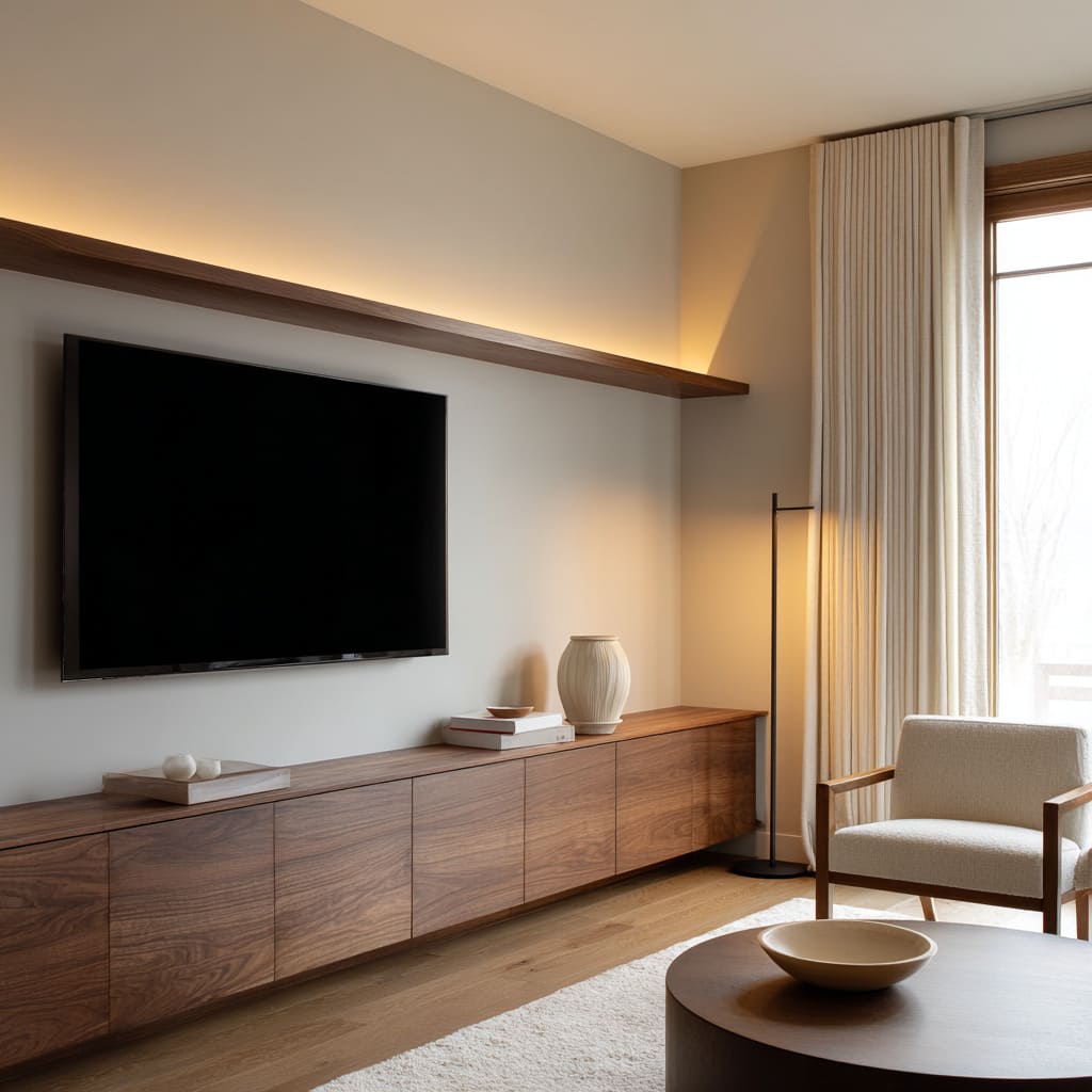 a long floating walnut TV console, soft wall lighting from a shelf above, minimal decor on the cabinet, creamy pleated drapery at the side a long floating walnut TV console, soft wall lighting from a shelf above, minimal decor on the cabinet, creamy pleated drapery at the side