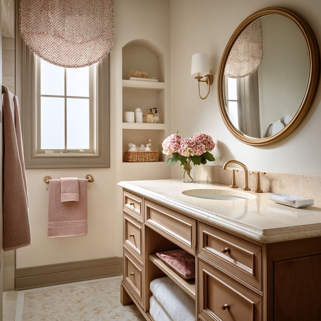 Estor romano estilo globo en tono rosa guijarro con bajo curvado en un baño cálido y romántico con toallas rosas Estor romano estilo globo en tono rosa guijarro con bajo curvado en un baño cálido y romántico con toallas rosas