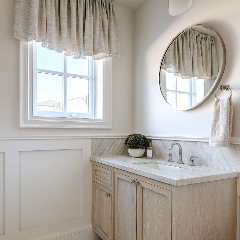 Valentina beige fruncida con pliegues tipo nube sobre una ventana con moldura blanca en un baño claro y sereno Valentina beige fruncida con pliegues tipo nube sobre una ventana con moldura blanca en un baño claro y sereno