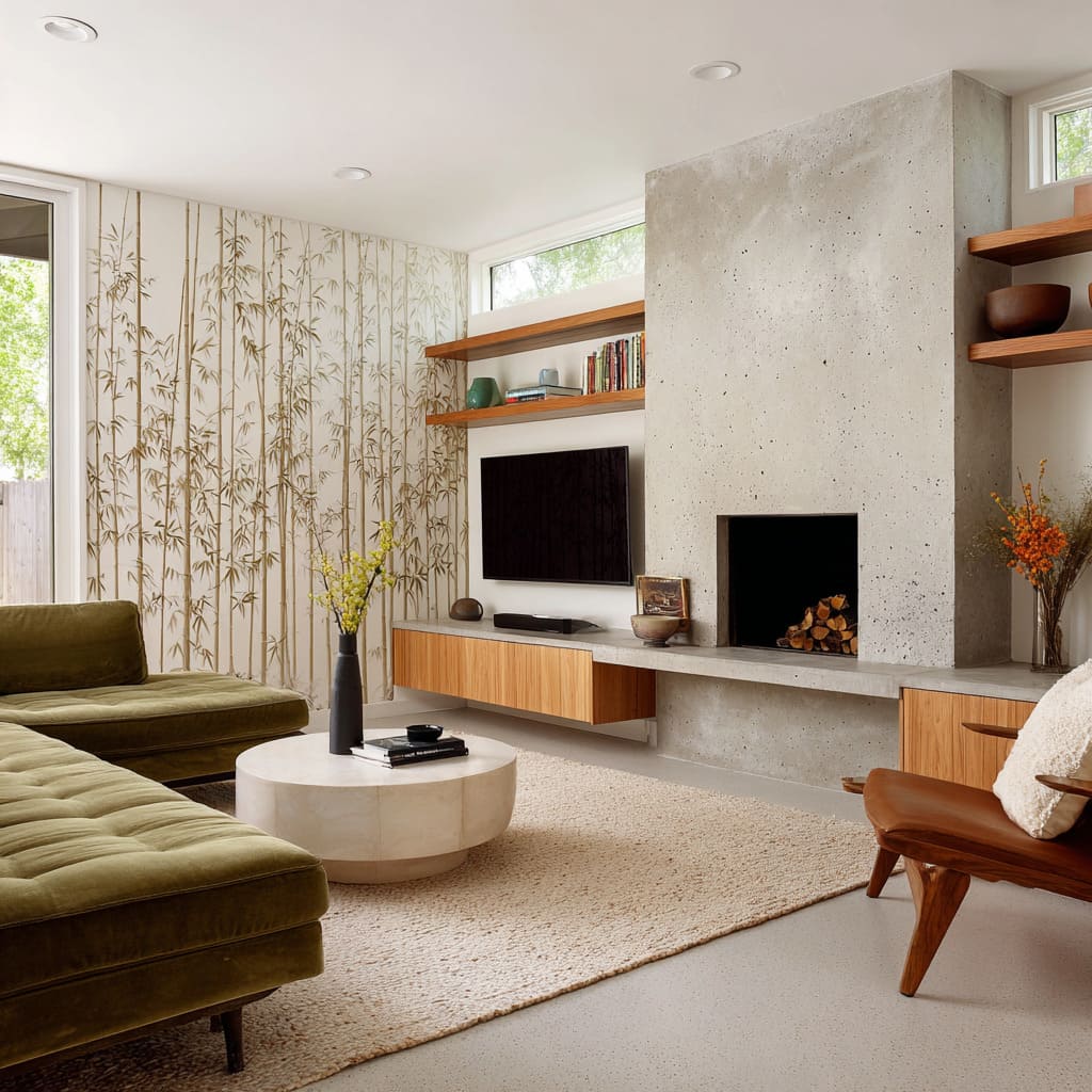 beige tree mural and floating shelves slim corner fireplace beige tree mural and floating shelves slim corner fireplace