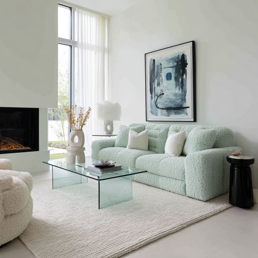 boucle seafoam-green sofa in a bright white fireplace room soft-modern, calm, very edited boucle seafoam-green sofa in a bright white fireplace room soft-modern, calm, very edited