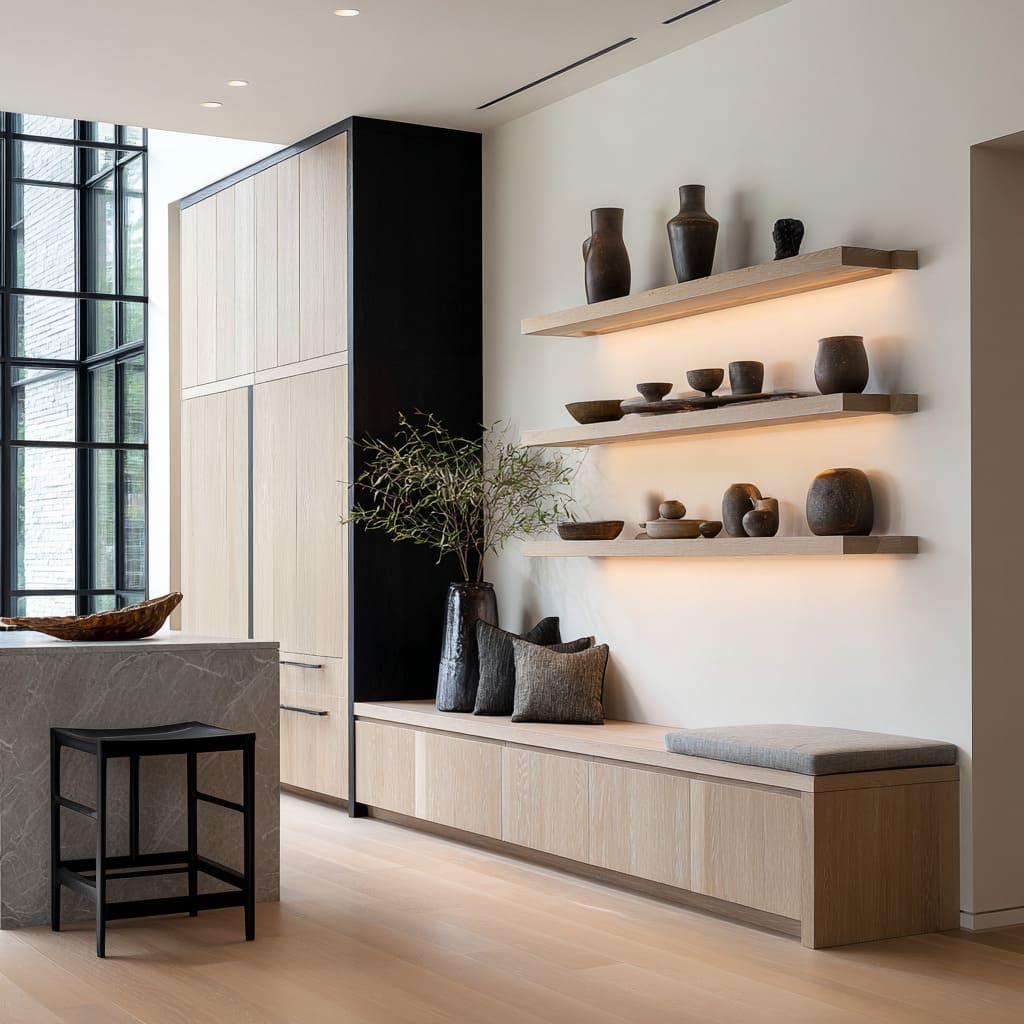 built-in bench design that reads like an extension of the cabinetry built-in bench design that reads like an extension of the cabinetry