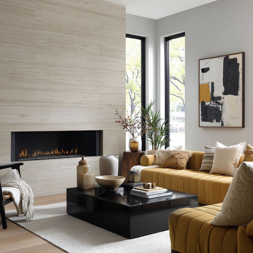 channel-tufted sectional with a pale stone fireplace wall and a glossy black shadow coffee table channel-tufted sectional with a pale stone fireplace wall and a glossy black shadow coffee table