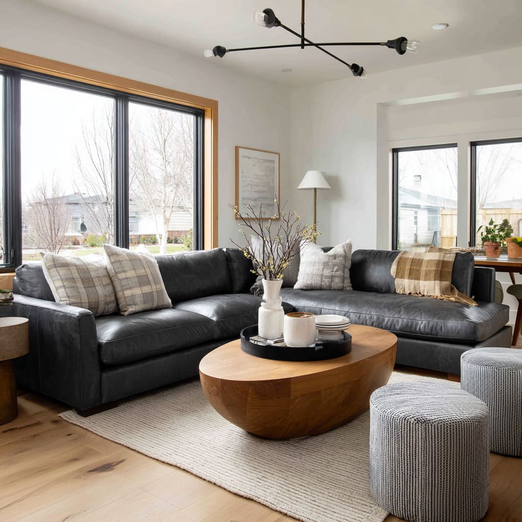 charcoal leather sectional in a bright corner-window layout interior design with warmth built from wood trim and curved forms