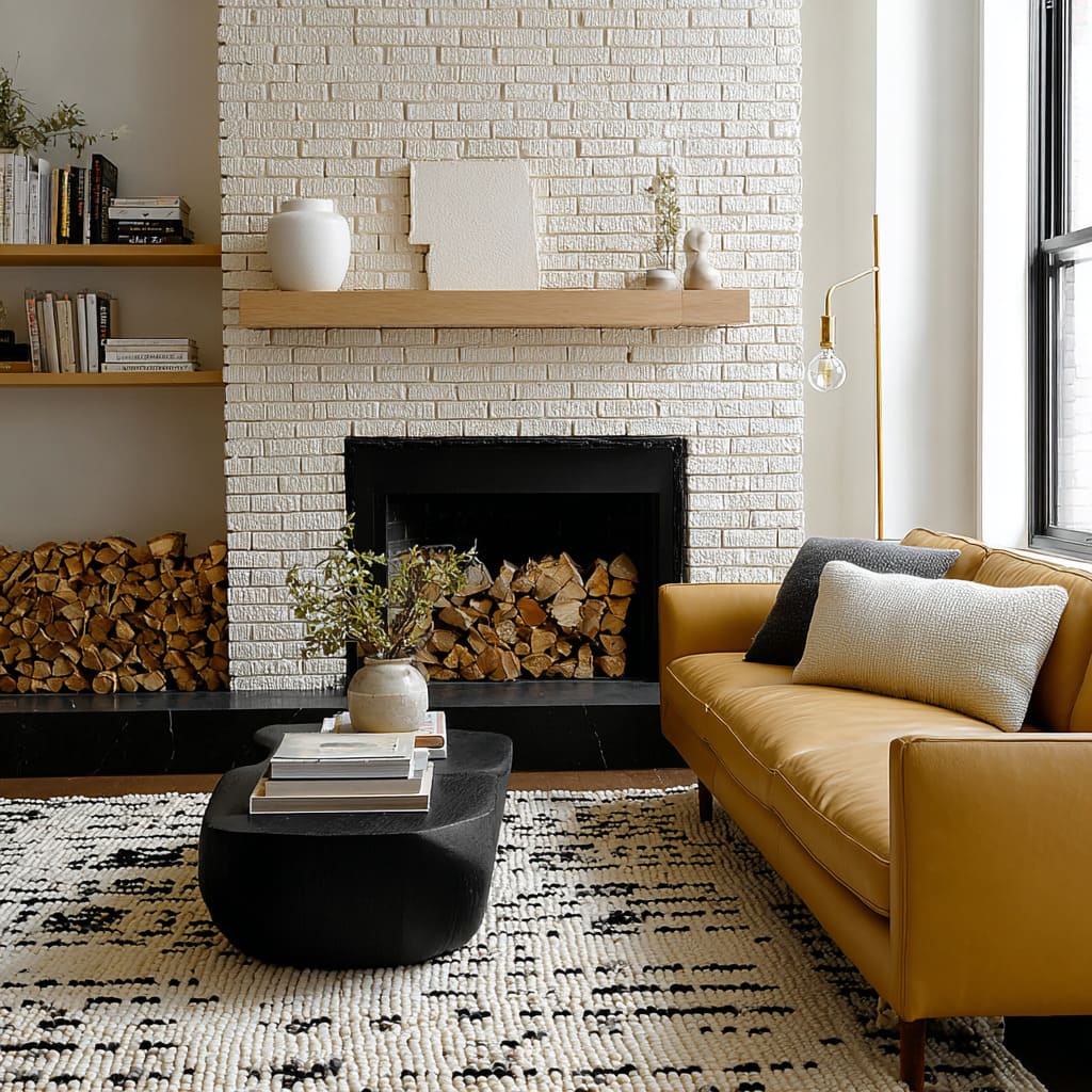 clean, modern interior design with a mustard sofa with a white brick fireplace, black hearth, and graphic rug clean, modern interior design with a mustard sofa with a white brick fireplace, black hearth, and graphic rug
