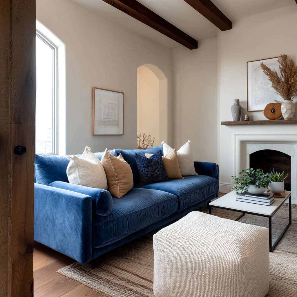 cobalt sofa with creamy off-white, warm camel, and small navy accent cushions for a warm minimal styled lineup cobalt sofa with creamy off-white, warm camel, and small navy accent cushions for a warm minimal styled lineup