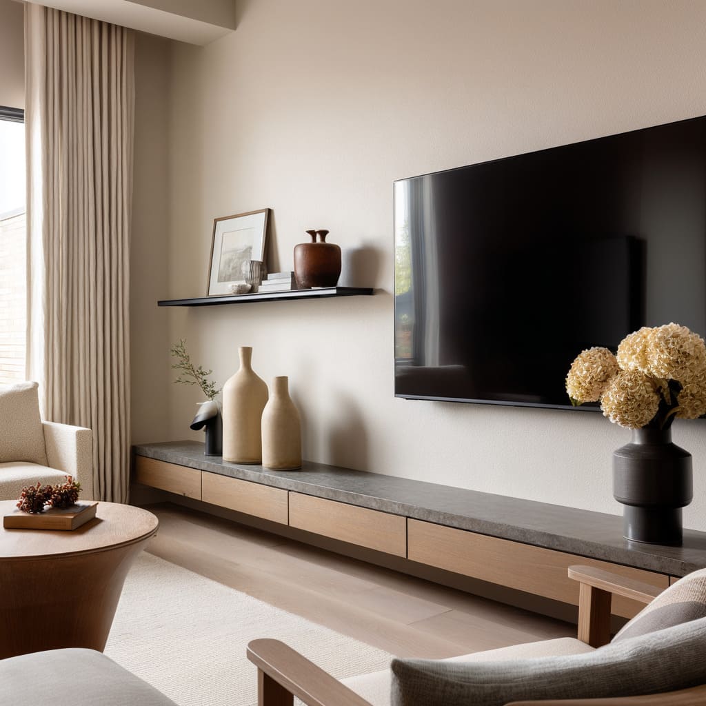 console under an offset TV, slim black display shelf with art and pottery console under an offset TV, slim black display shelf with art and pottery