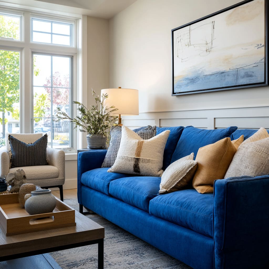 cream pillow featuring a dark stripe detail, warm camel cushion, and a smaller light front pillow cream pillow featuring a dark stripe detail, warm camel cushion, and a smaller light front pillow