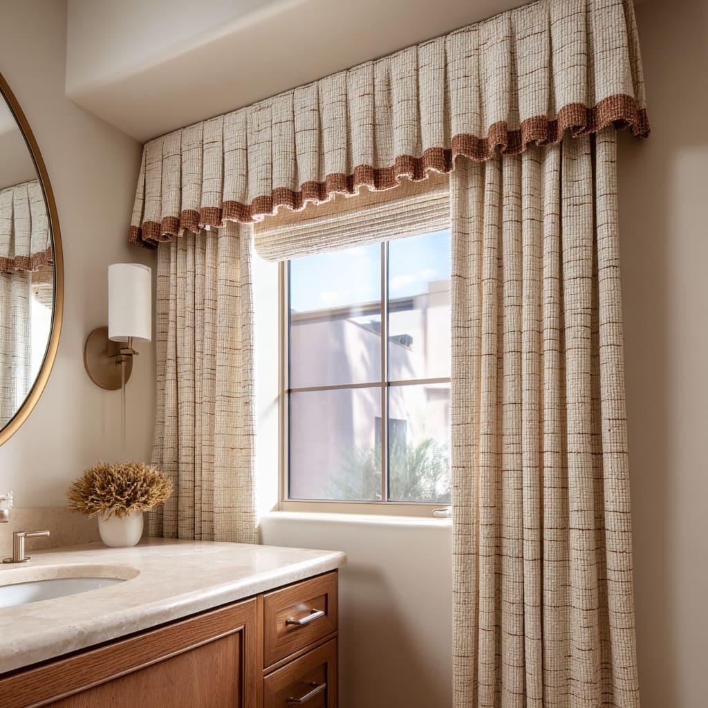 Valentina crema con pliegues verticales y bajo marrón cálido sobre estor romano y cortinas en capas Valentina crema con pliegues verticales y bajo marrón cálido sobre estor romano y cortinas en capas