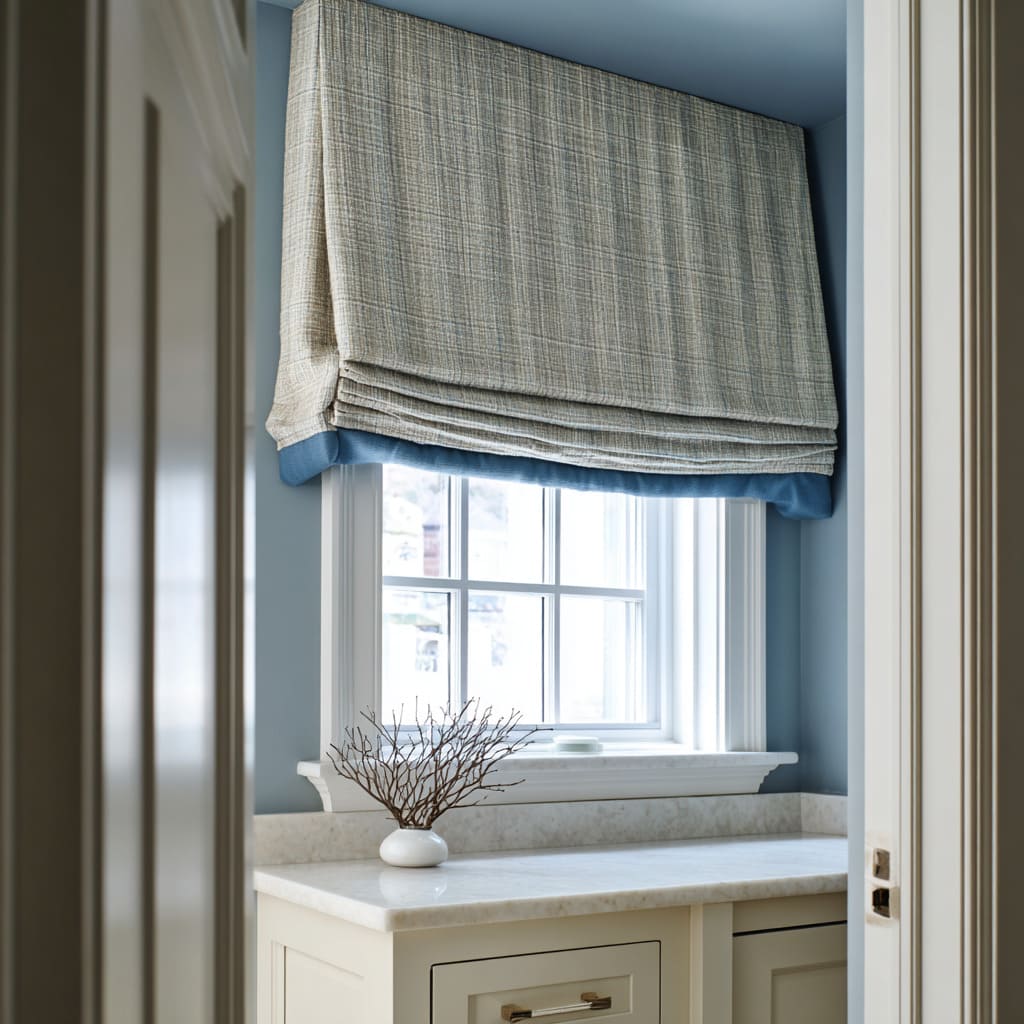 Híbrido de estor romano y valentina con patrón entrecruzado y banda inferior azul cubriendo parcialmente la ventana en un baño azul empolvado y sereno Híbrido de estor romano y valentina con patrón entrecruzado y banda inferior azul cubriendo parcialmente la ventana en un baño azul empolvado y sereno