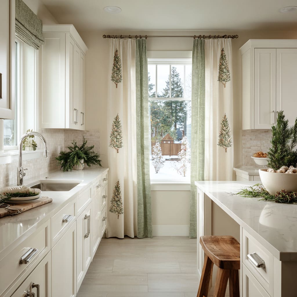 curtains bordered in green with printed evergreen trees create a forest-inspired focal point curtains bordered in green with printed evergreen trees create a forest-inspired focal point