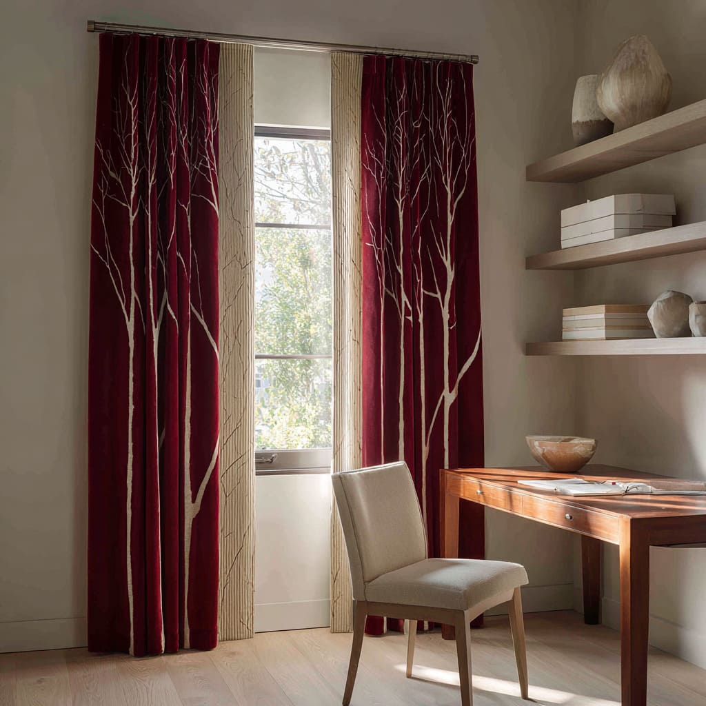 Cortinas con siluetas altas de árboles combinadas con paneles estrechos de patrón de corteza en un despacho cálido Cortinas con siluetas altas de árboles combinadas con paneles estrechos de patrón de corteza en un despacho cálido