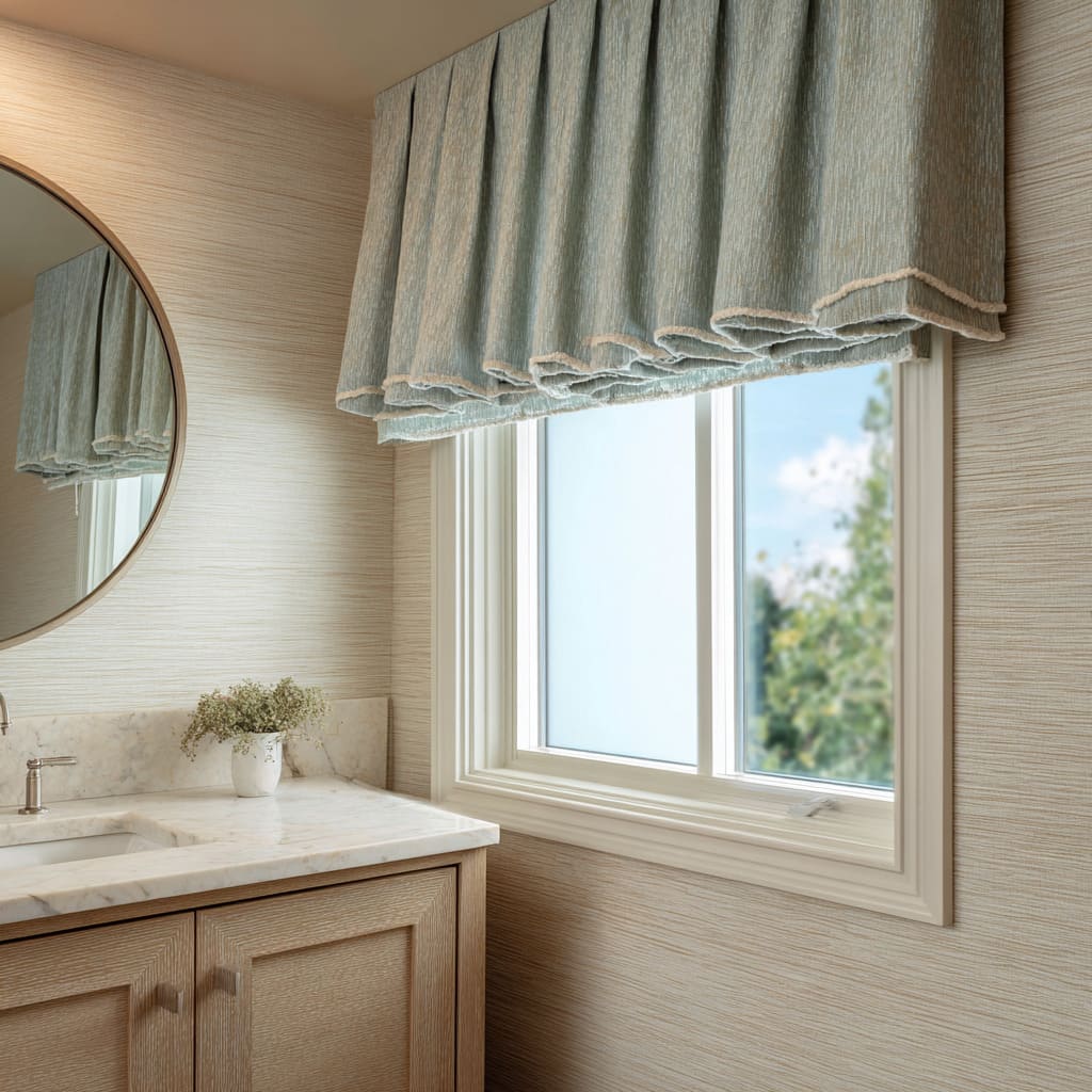 Valentina azul empolvado plisada con bajo ondulado y ribete pálido sobre un revestimiento mural de textura horizontal Valentina azul empolvado plisada con bajo ondulado y ribete pálido sobre un revestimiento mural de textura horizontal