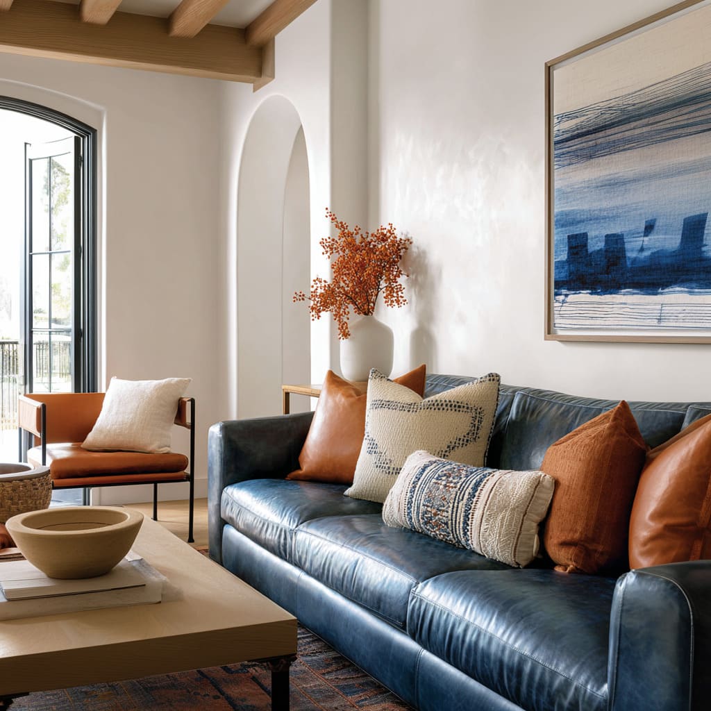 end cushions, a patterned blue-cream bridge pillow, and a long blue lumbar for structure end cushions, a patterned blue-cream bridge pillow, and a long blue lumbar for structure