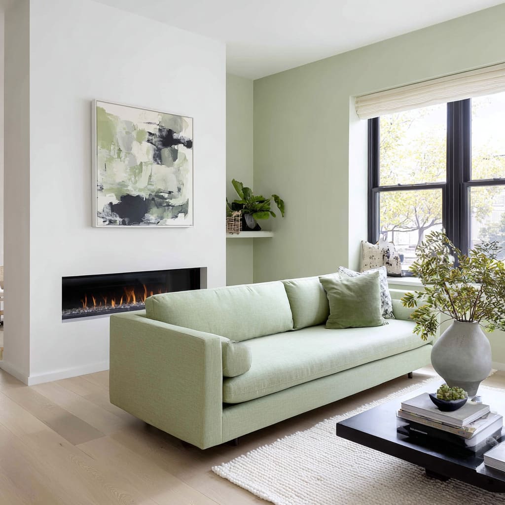 fresh sage-green linen sofa with a soft green wall, black window frames, and a clean fireplace fresh sage-green linen sofa with a soft green wall, black window frames, and a clean fireplace