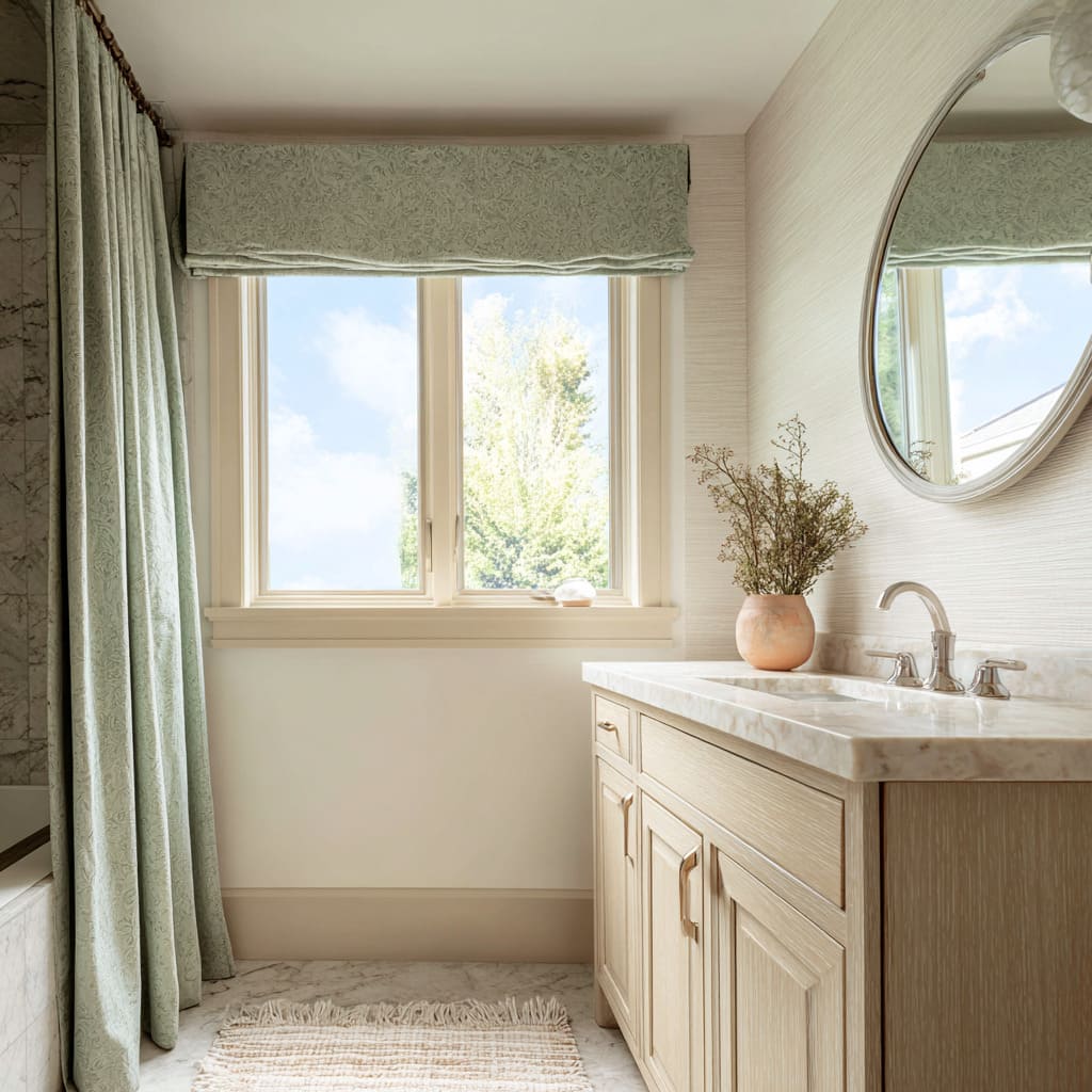 Valentina botánica verde y estor romano a juego sobre el tocador, con cortina de ducha coordinada Valentina botánica verde y estor romano a juego sobre el tocador, con cortina de ducha coordinada