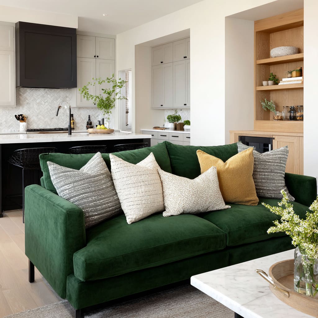 hunter-green sofa in an open-plan kitchen-living room layout that makes bold green feel clean, modern, and easy to live with hunter-green sofa in an open-plan kitchen-living room layout that makes bold green feel clean, modern, and easy to live with
