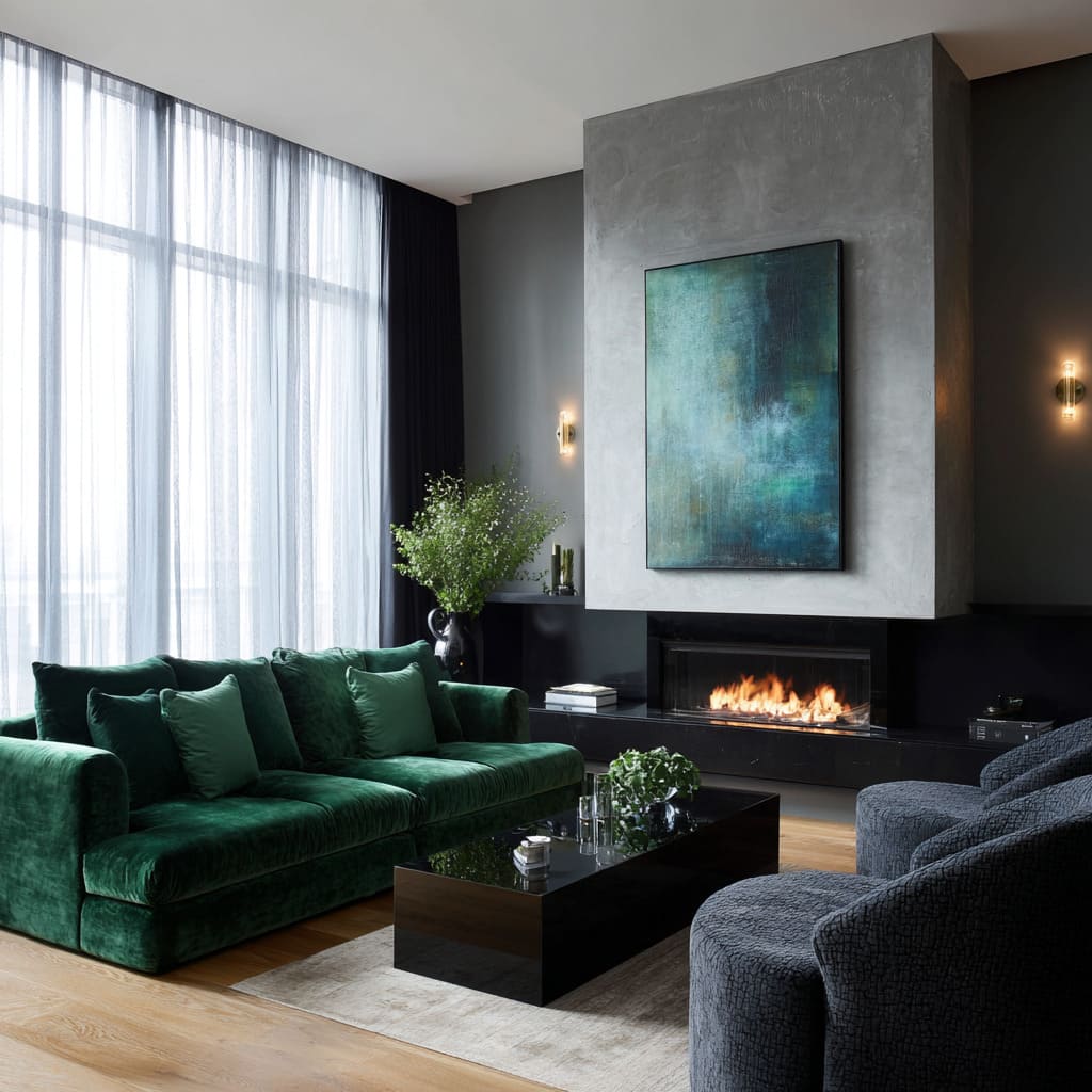 impressive emerald-green sofa in a high-contrast modern living room design that keeps bold green calm, adult, and stable in changing light impressive emerald-green sofa in a high-contrast modern living room design that keeps bold green calm, adult, and stable in changing light