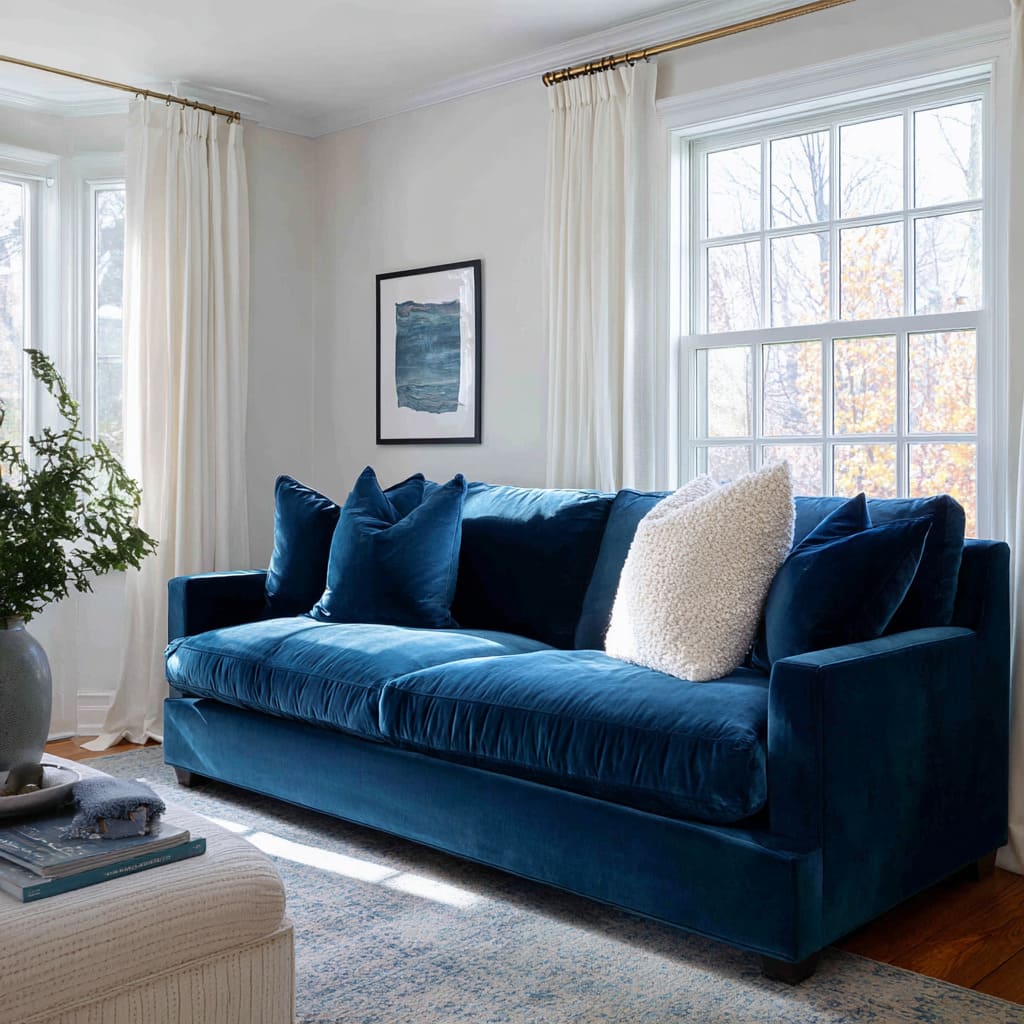 ink-blue couch with several tonal blue pillows and one oversized nubby off-white cushion ink-blue couch with several tonal blue pillows and one oversized nubby off-white cushion