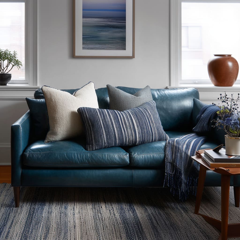 leather look seating with warm off-white cushion, medium grey pillow, striped blue lumbar, and small dark blue accent leather look seating with warm off-white cushion, medium grey pillow, striped blue lumbar, and small dark blue accent