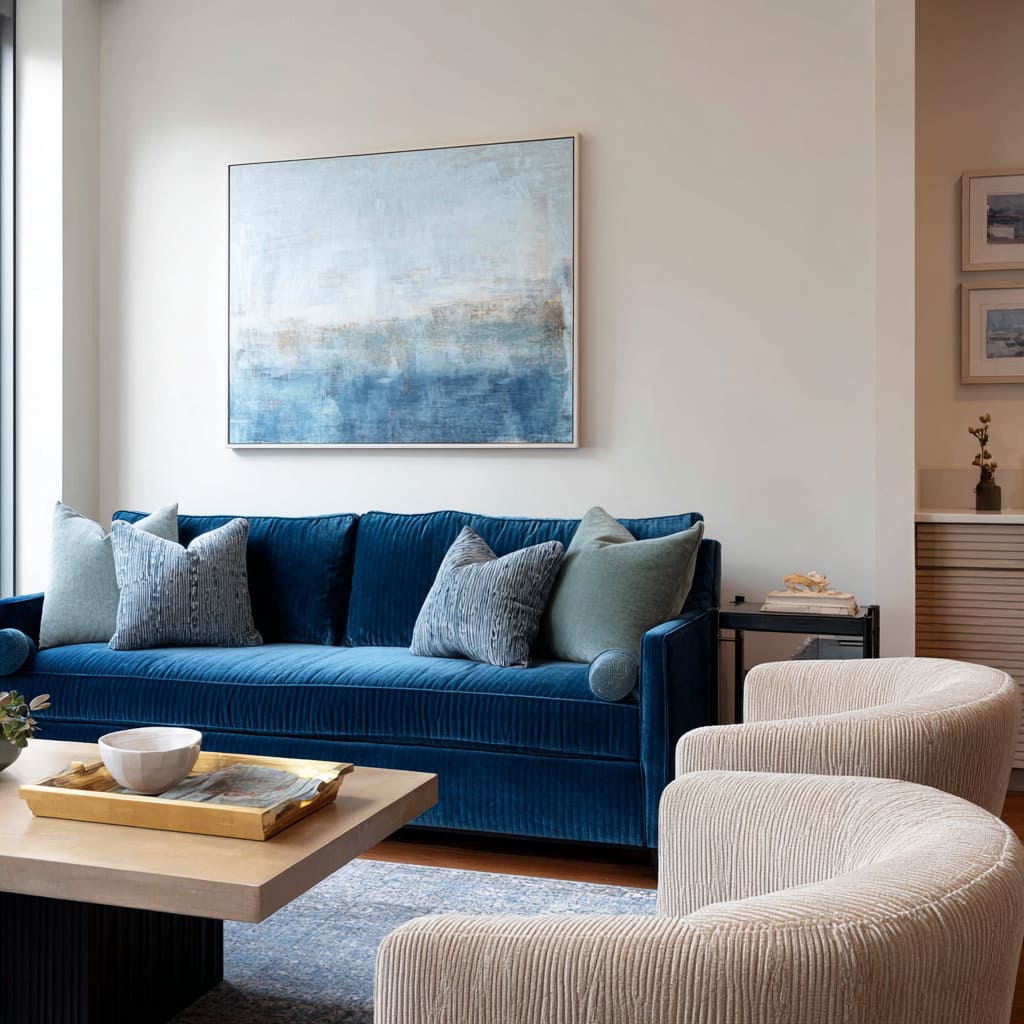 misty blue-grey end pillows and two small tonal ribbed accent cushions pulled forward misty blue-grey end pillows and two small tonal ribbed accent cushions pulled forward