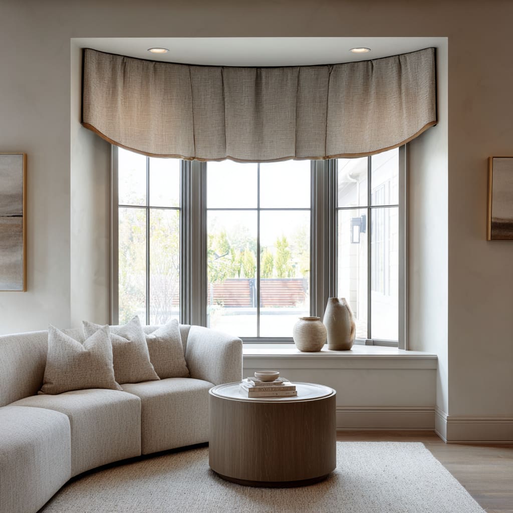 neutral draped band with caramel edge in a modern inset bay neutral draped band with caramel edge in a modern inset bay