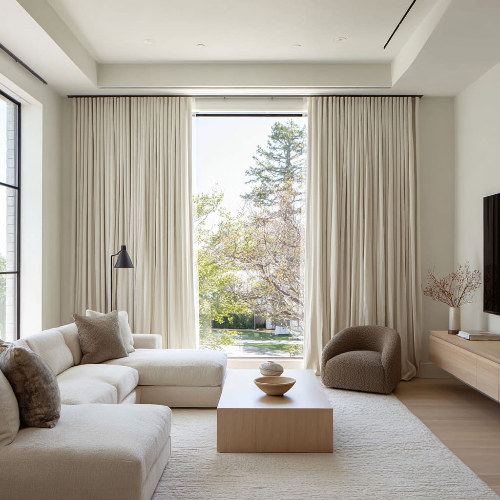 off-white drapery with dense pleats framing a wide window in a bright living room design with plush sectional off-white drapery with dense pleats framing a wide window in a bright living room design with plush sectional