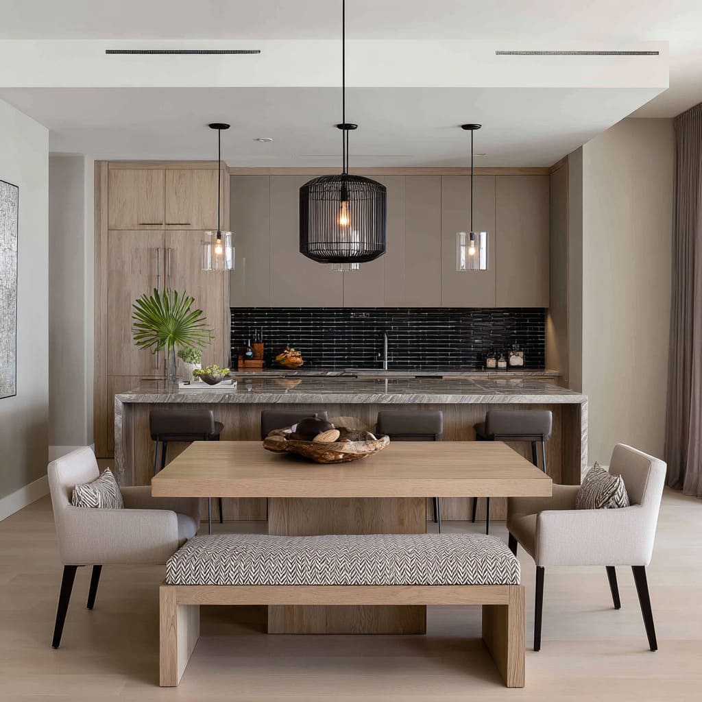 patterned bench as a controlled texture accent in a symmetrical dining-kitchen interior design patterned bench as a controlled texture accent in a symmetrical dining-kitchen interior design