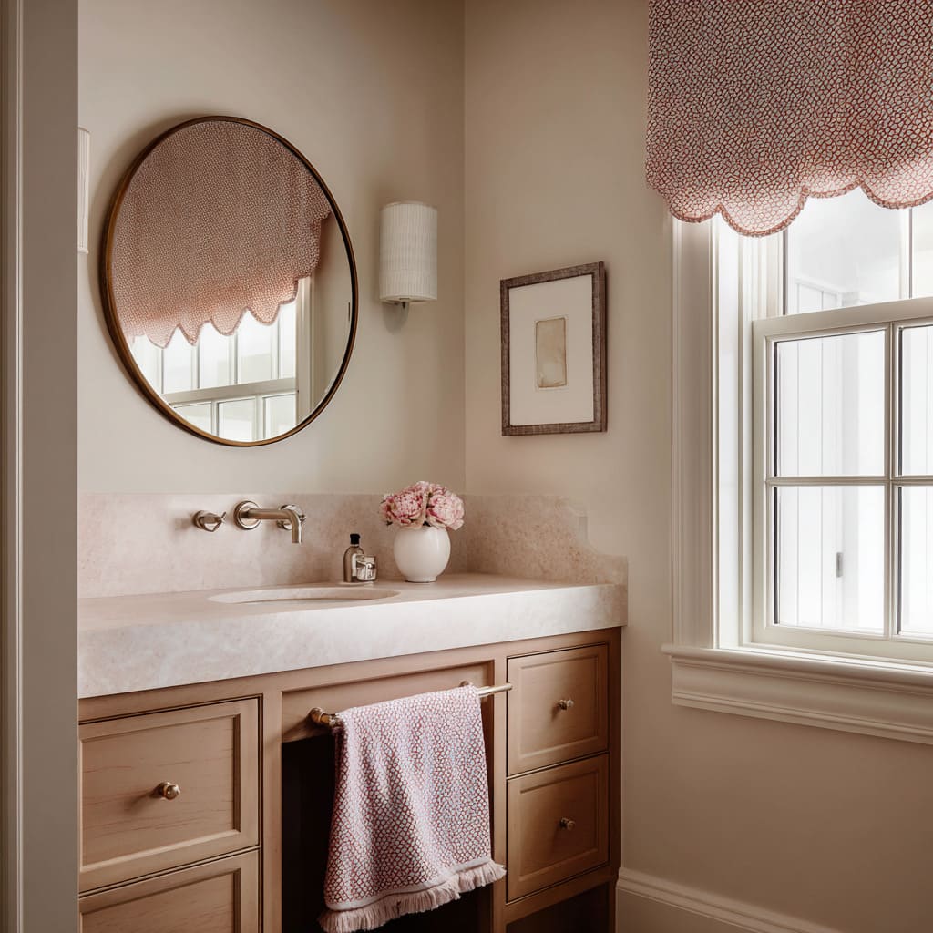 Valentina estampada con bajo festoneado sobre un baño cálido y claro con tocador de madera clara y toalla rosa Valentina estampada con bajo festoneado sobre un baño cálido y claro con tocador de madera clara y toalla rosa