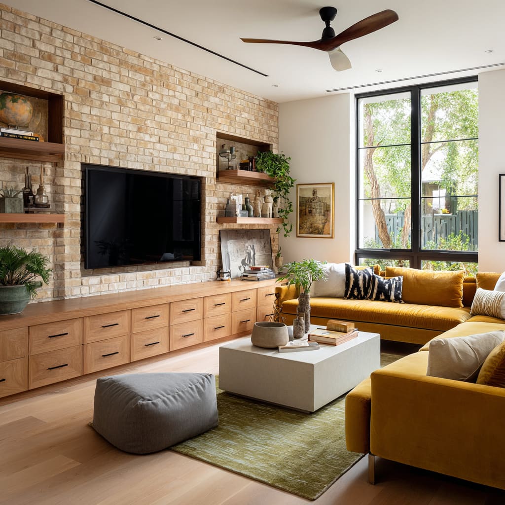 sectional in mustard and brick-and-wood TV wall that makes yellow feel grown-up sectional in mustard and brick-and-wood TV wall that makes yellow feel grown-up